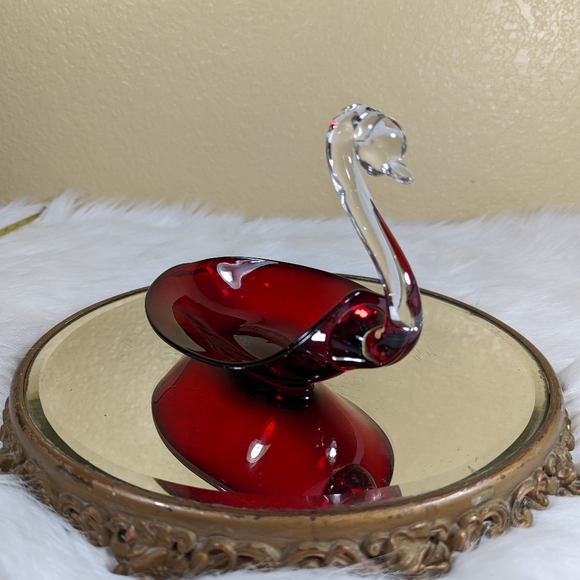 Duncan Miller Ruby Red Glass Swan Dish 8 in Candy Nut Vintage Clear Neck - Picture 5 of 9